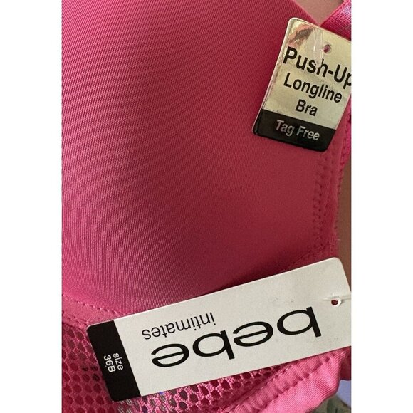 Bebe 36B Pink Pin Mesh Accent Logo Adjustable Straps Padded Longline Push-Up Bra - Picture 6 of 6